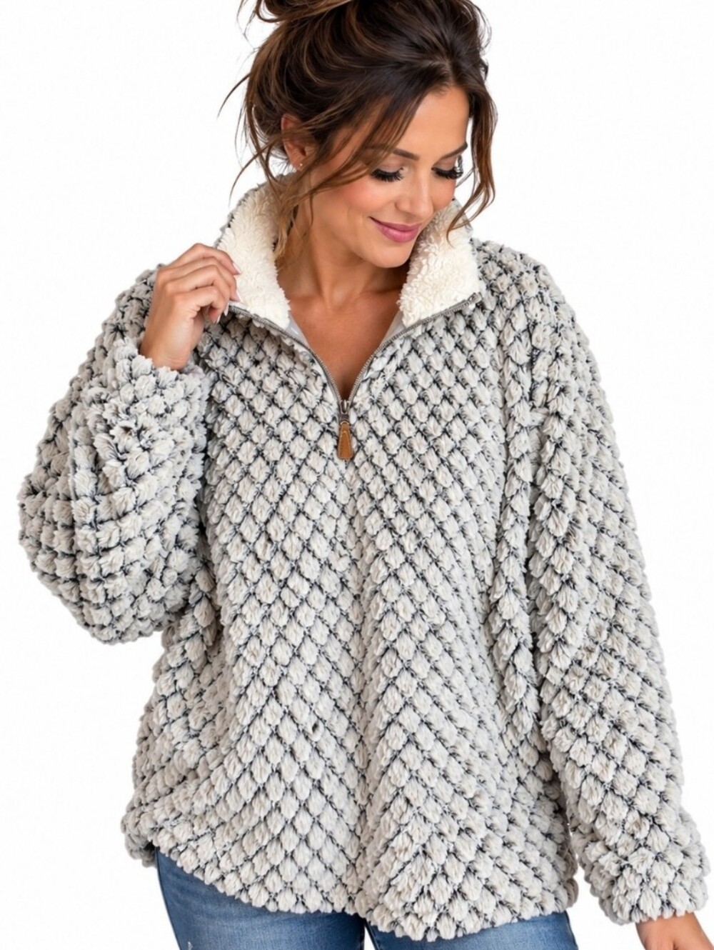 Jess Lea Women’s XL Faux Fur Sherpa Quarter Zip Pullover Black White